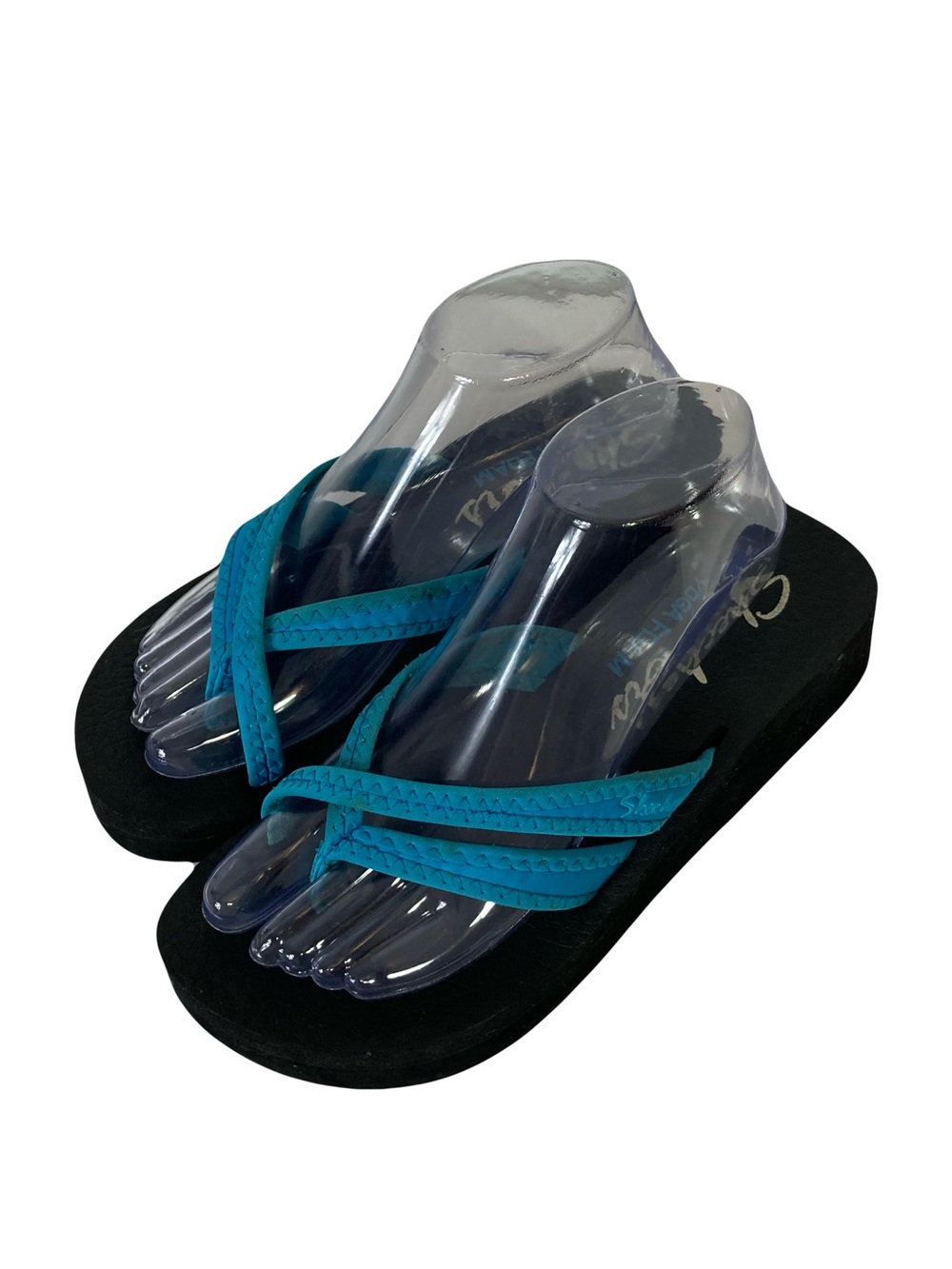 SKECHERS Sandals Women 8 Black Blue Thong Rubber Yoga Foam